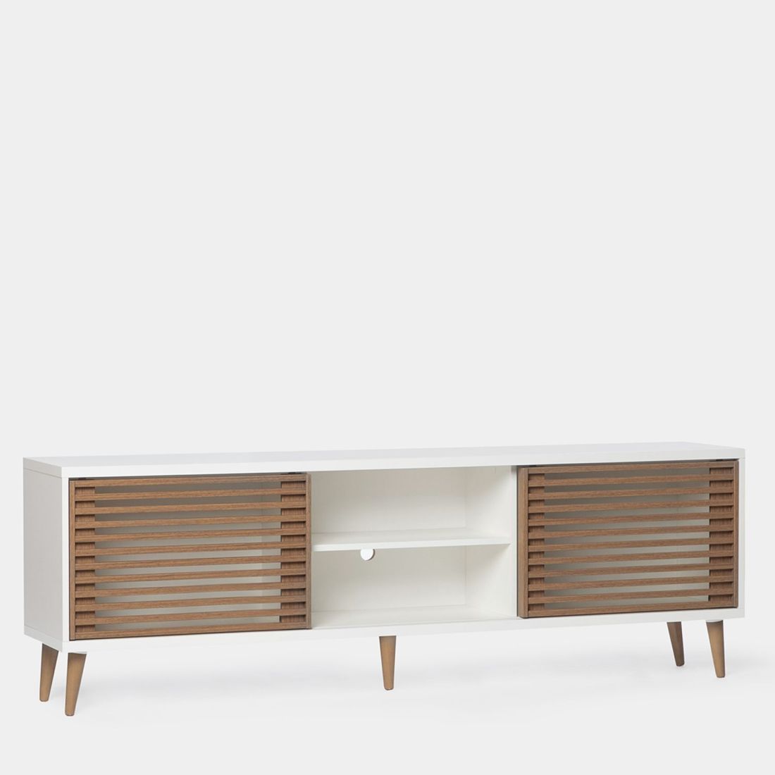 Mueble tv de estilo nórdico. Blanco combinado con madera natural