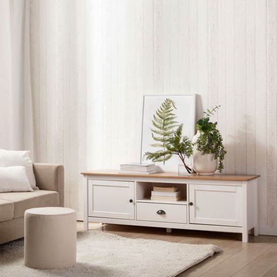 Mueble TV 160 Cklass blanco brillo y roble, con tres cajones