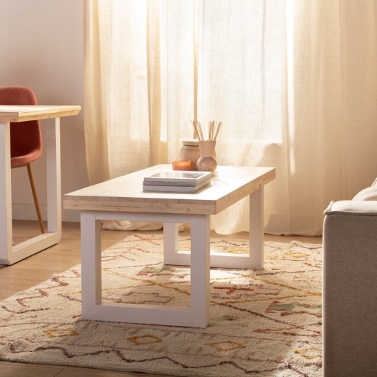 Mesa de centro elevable en madera de roble con pata metálica blanca Alys