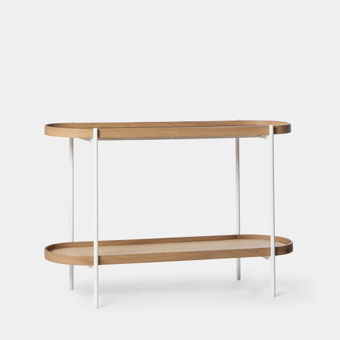Console en bois de couleur naturelle et en rotin avec pied métallique blanc Aleis